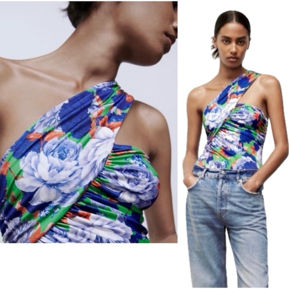 Zara blue floral flower one shoulder asymmetrical ruched bodysuit NWT - Picture 2 of 14